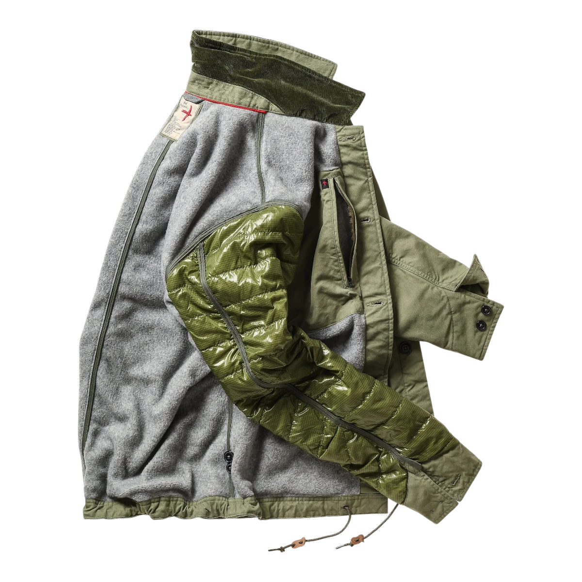 MILWORKS Relwen pile lined chore coat in palm green with grey fleece lining and quilted olive green sleeve interior