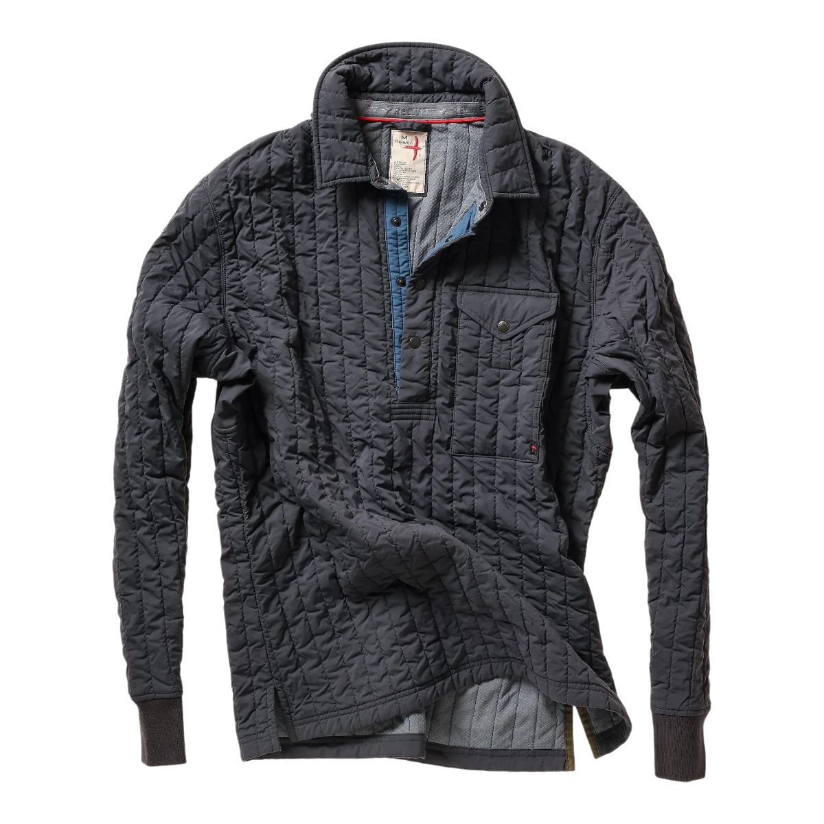 MILWORKS Relwen Polo Jack in midnight navy with quilted texture, button placket, and chest pocket.