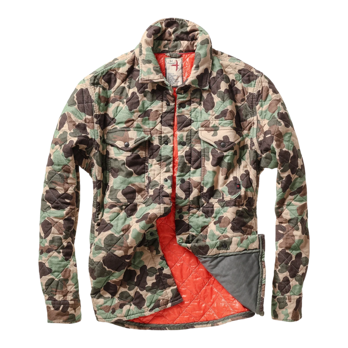 MILWORKS Relwen quilted flannel shirt jacket in duck camo pattern with a bright orange insulated interior lining.