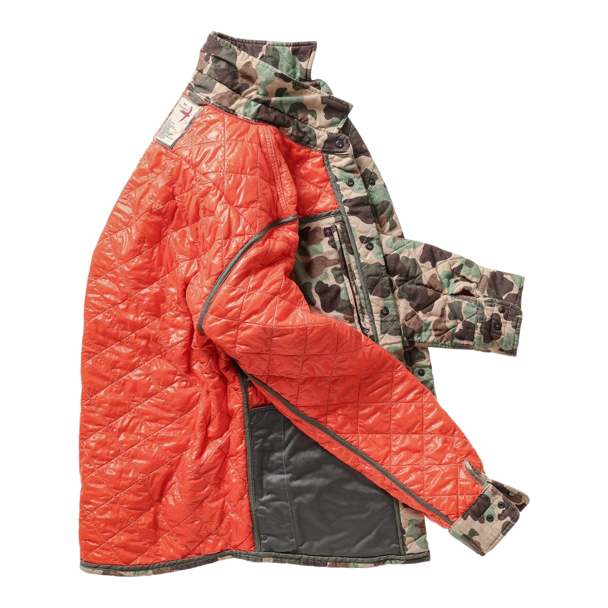 MILWORKS Relwen quilted flannel shirt jacket in duck camo with a vibrant orange insulated interior lining.