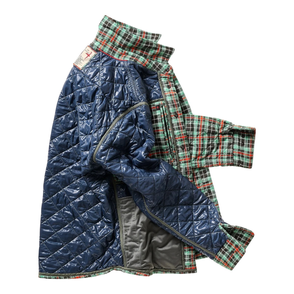 MILWORKS Relwen quilted flannel shirt jacket in green plaid with a navy blue diamond-quilted interior lining