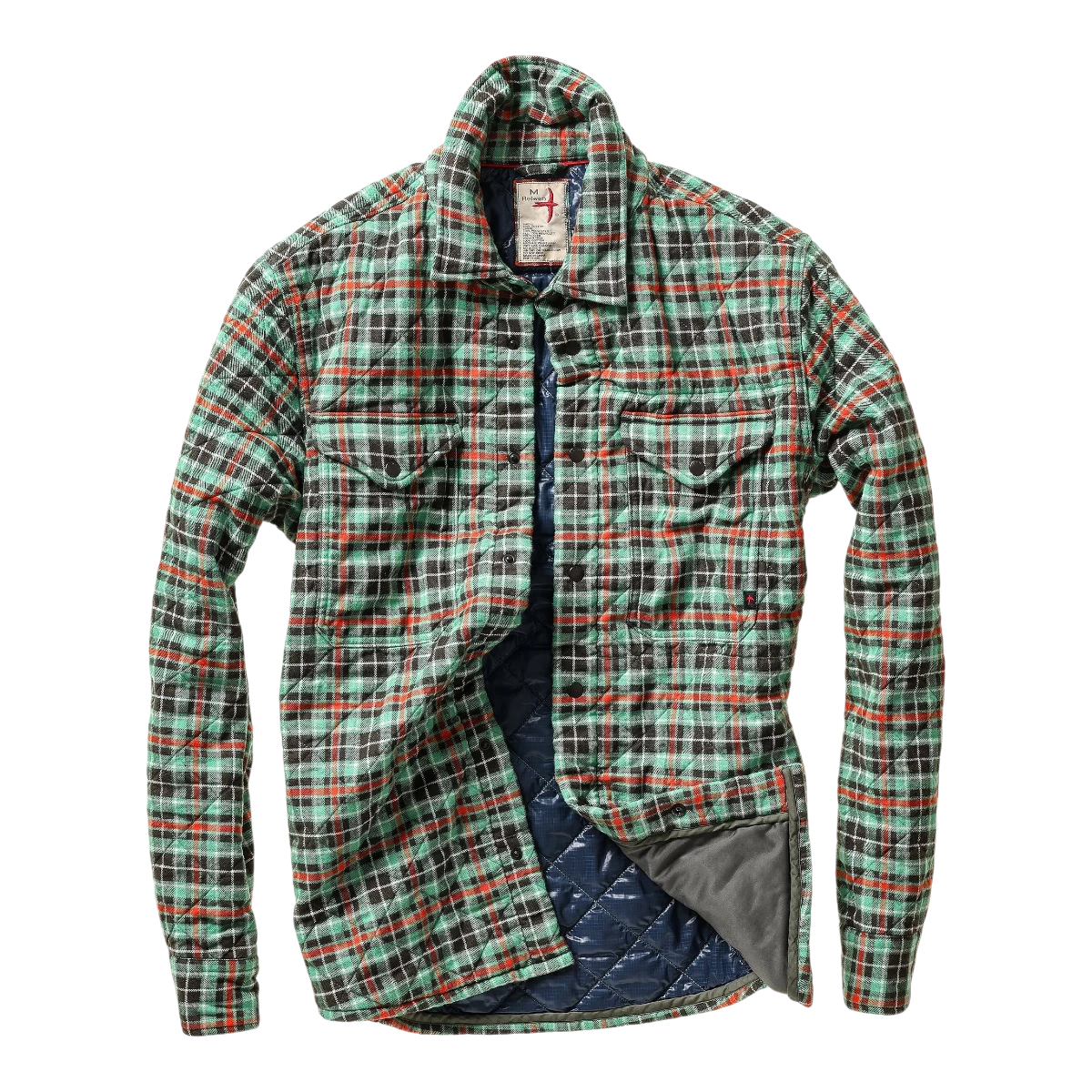 MILWORKS Relwen quilted flannel shirt jacket in green multi plaid with a navy blue insulated lining