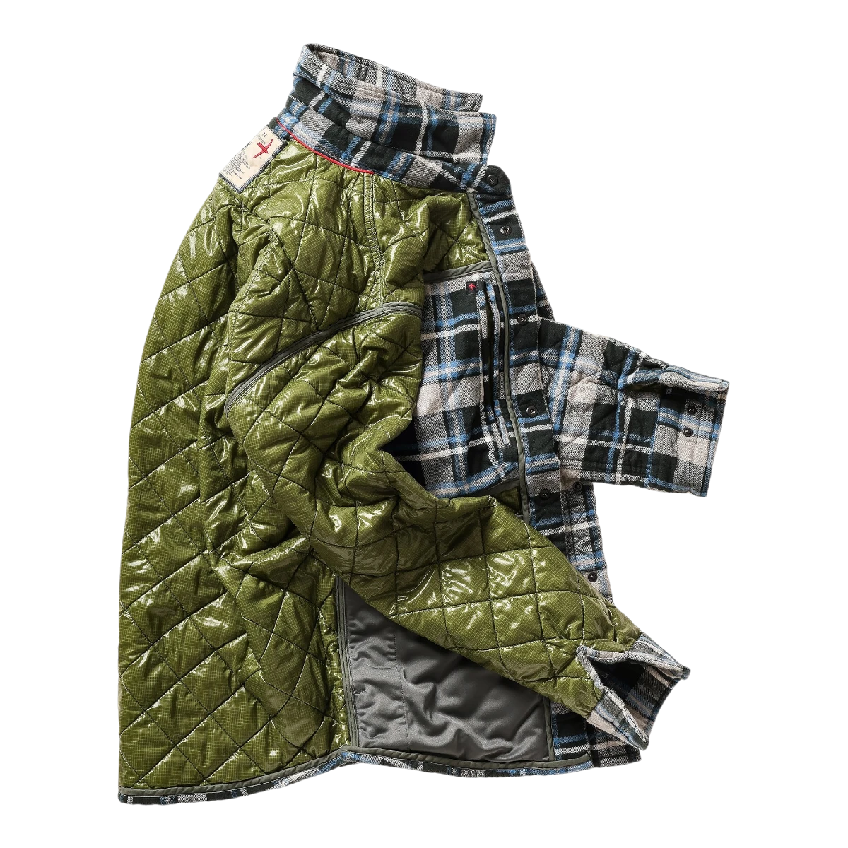 MILWORKS Relwen quilted flannel shirt jacket in dark grey and navy plaid with olive green diamond-quilted lining