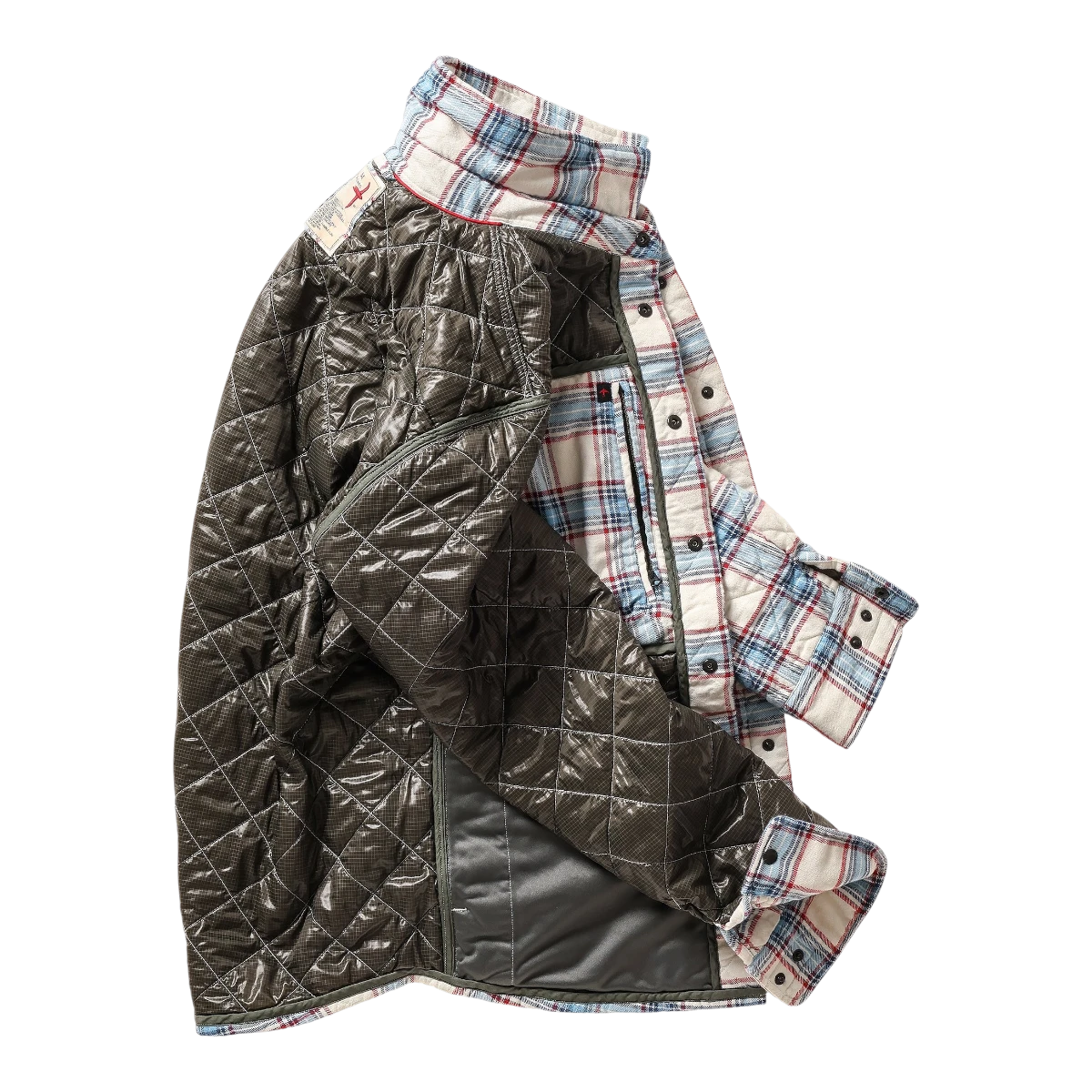 MILWORKS Relwen quilted flannel shirt jacket featuring a white multi-colored plaid pattern and dark olive lining.