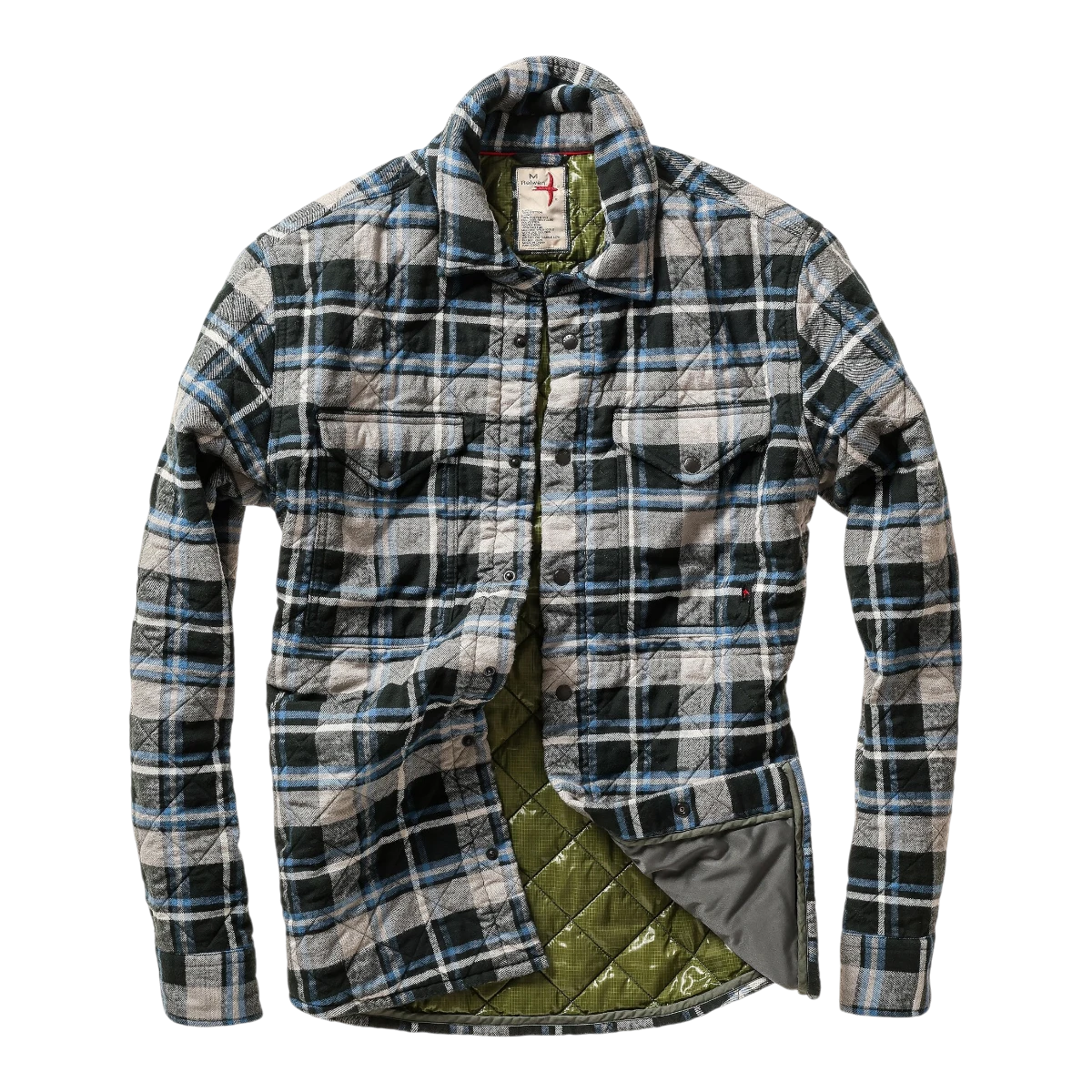 MILWORKS Relwen quilted flannel shirt jacket in dark grey and navy plaid with olive green interior lining