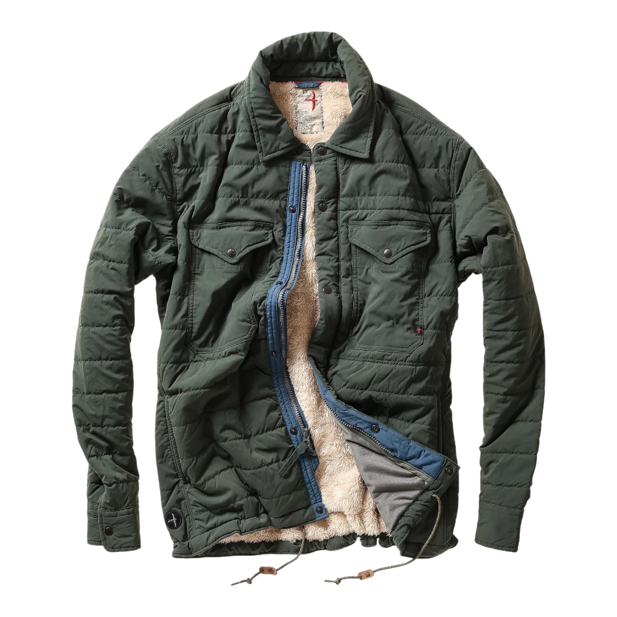 MILWORKS Relwen quilted superfleece jacket in dark forest green with a cozy cream-colored fleece lining.