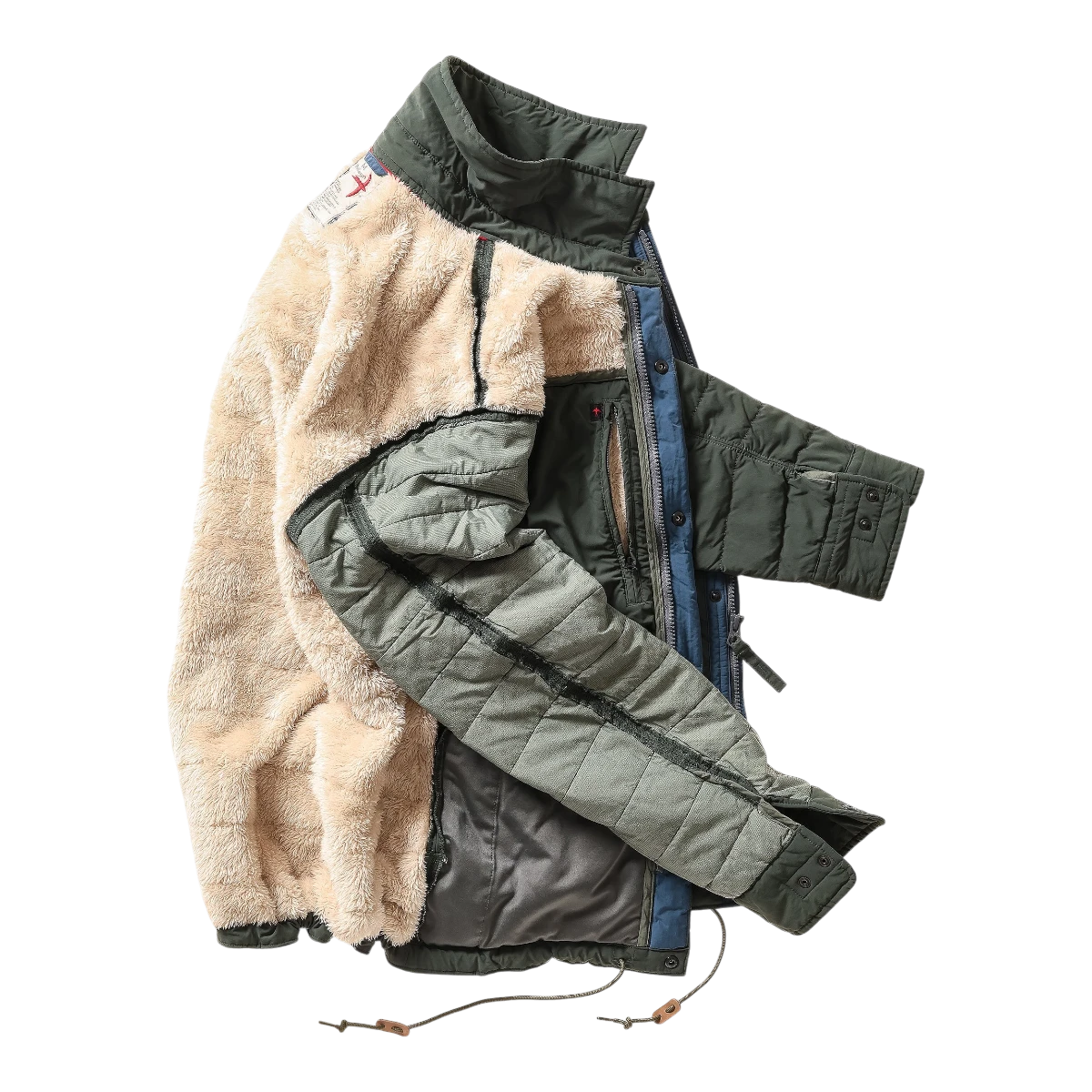 MILWORKS Relwen quilted Superfleece jacket in dark forest green with a plush beige fleece lining and zip details