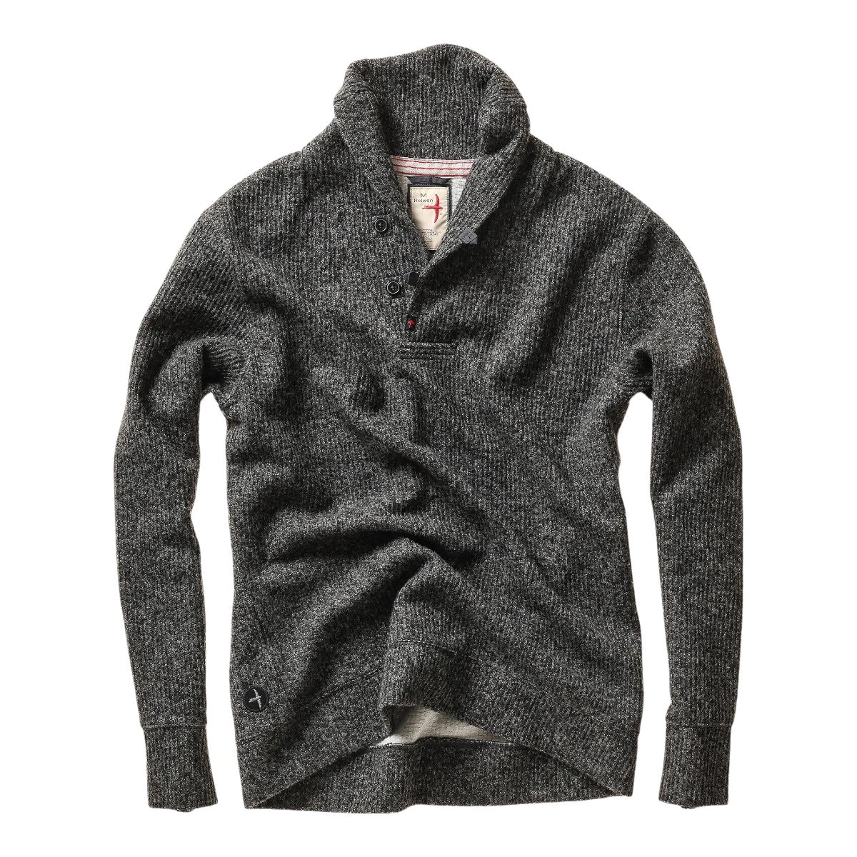 MILWORKS Relwen Ridge Twist charcoal grey shawl collar sweater with button placket and ribbed knit texture.