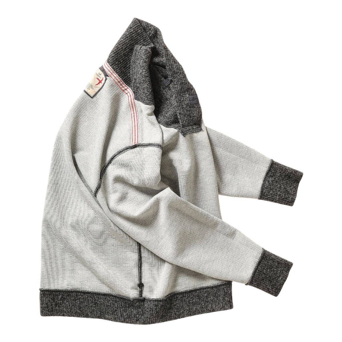 MILWORKS Relwen Ridge Twist shawl collar sweater in charcoal and light grey with contrast stitching and ribbed cuffs