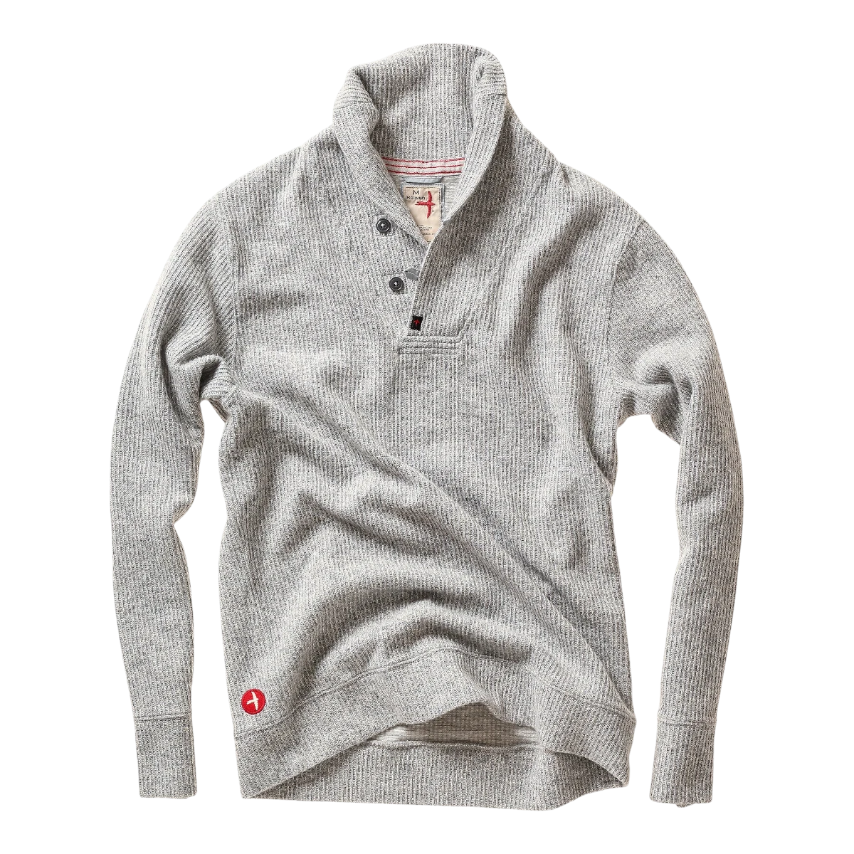 MILWORKS Relwen Ridge Twist shawl collar sweater in pale grey with ribbed knit texture and button placket detail.