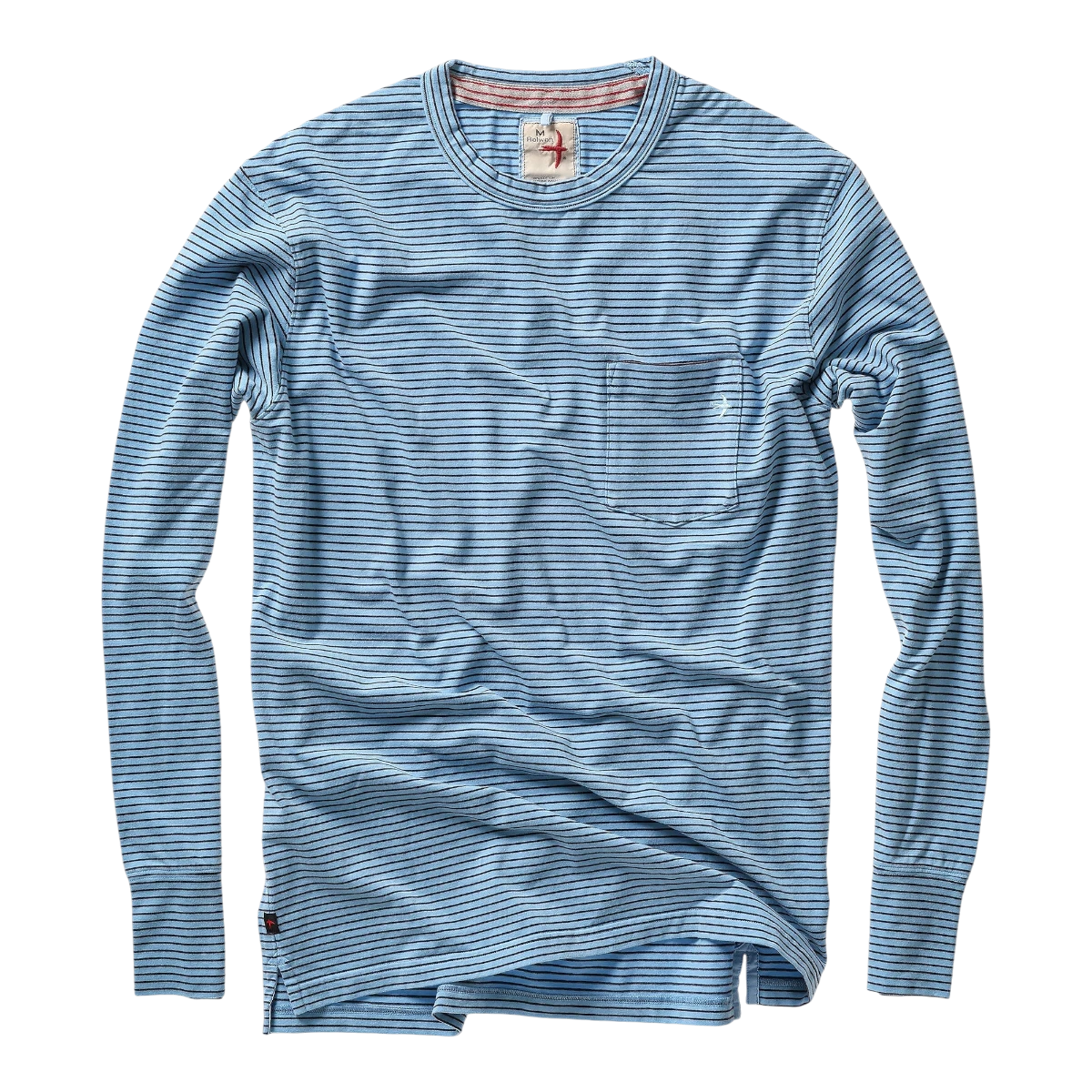 MILWORKS Relwen ringspun long sleeve pocket tee in light blue with thin brown horizontal stripes