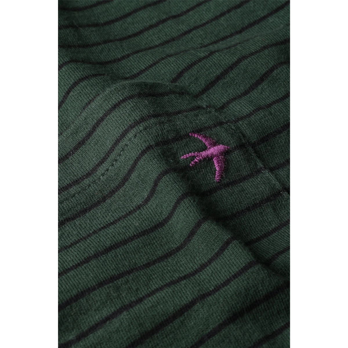MILWORKS Relwen ringspun long sleeve pocket tee in forest green and navy stripe with purple bird embroidery detail