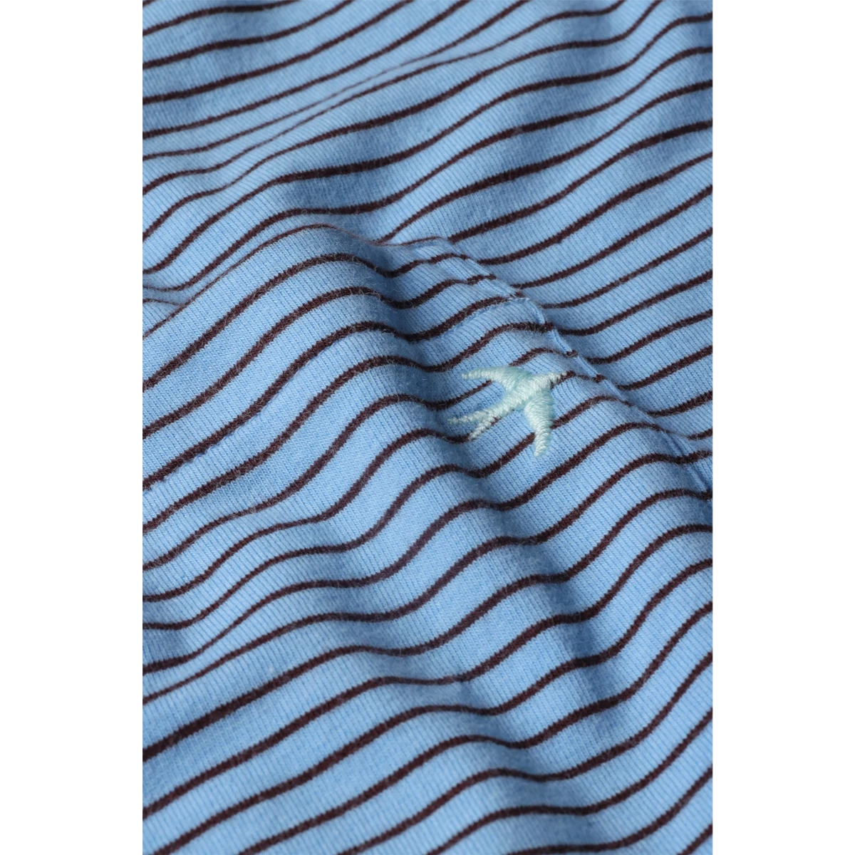 MILWORKS Relwen ringspun long sleeve pocket tee in light blue with brown horizontal stripes and embroidered bird logo