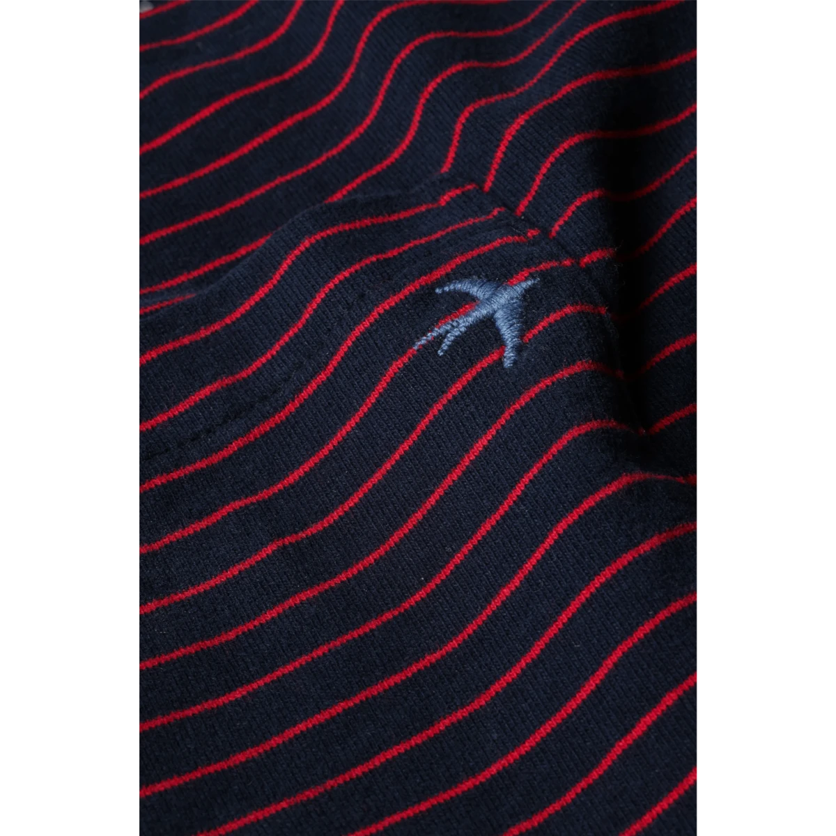 MILWORKS Relwen ringspun long sleeve pocket tee in navy with red stripes and embroidered bird logo detail