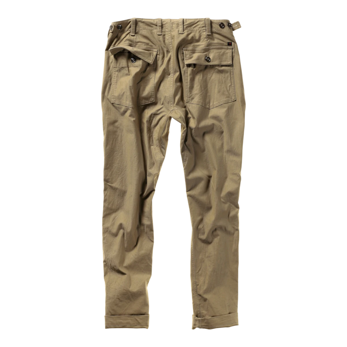 MILWORKS Relwen Supply worker pants in khaki cotton with buttoned back pockets and cuffed hems, rear view.
