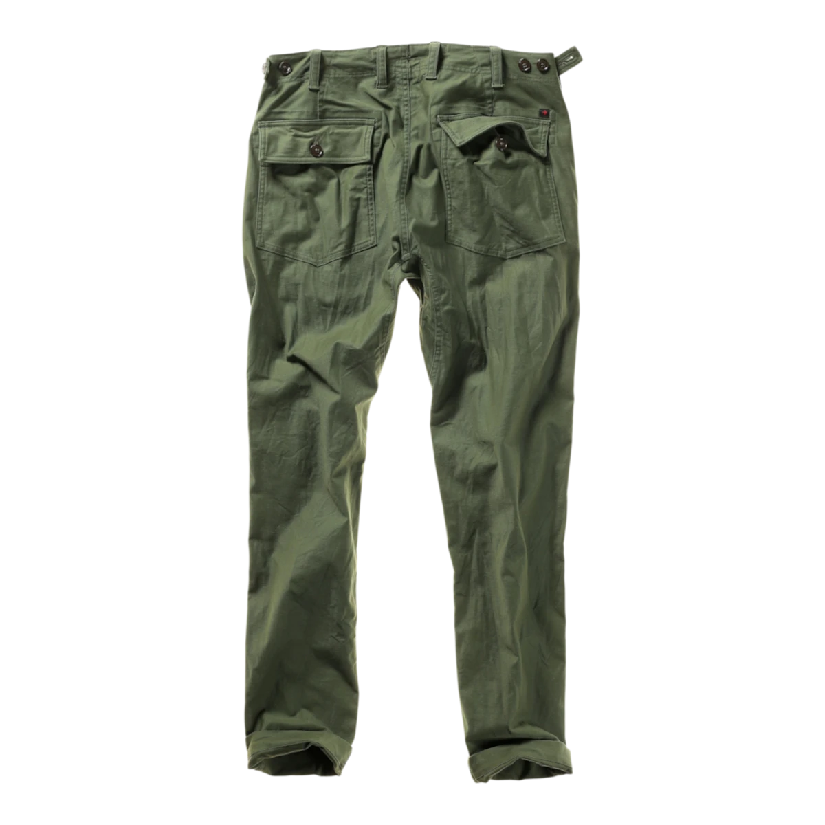 Back view of MILWORKS Relwen Supply Pant in army fade green with buttoned flap pockets and adjustable waist tabs.