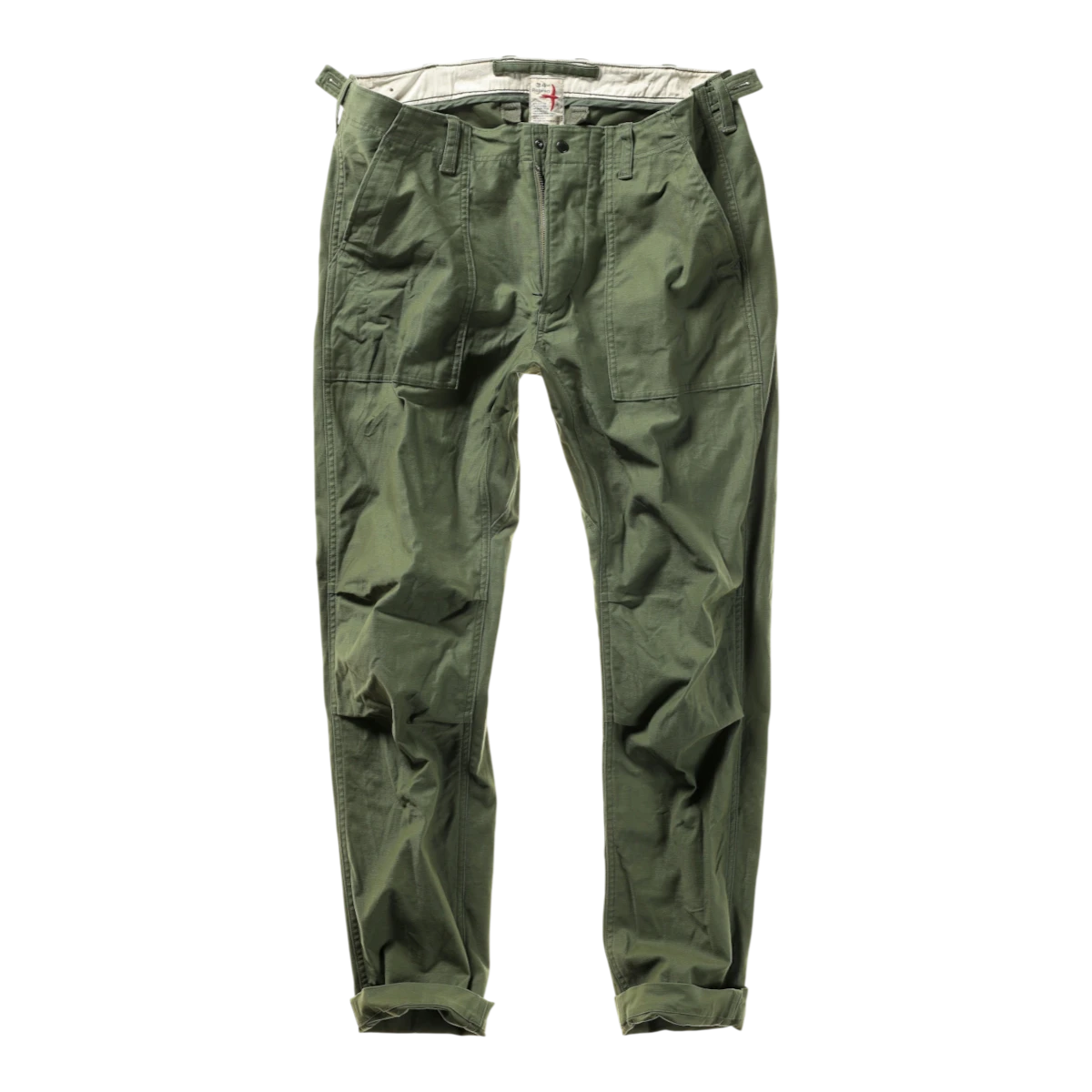 MILWORKS Relwen Supply Pant in army fade green cotton, featuring a utility-inspired design with front patch pockets.