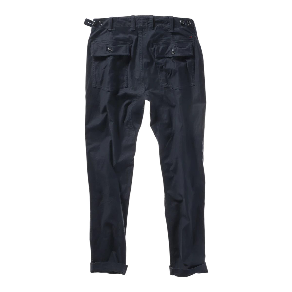 MILWORKS Relwen Supply Pant in dark navy featuring rear button-flap pockets and a tailored fit.