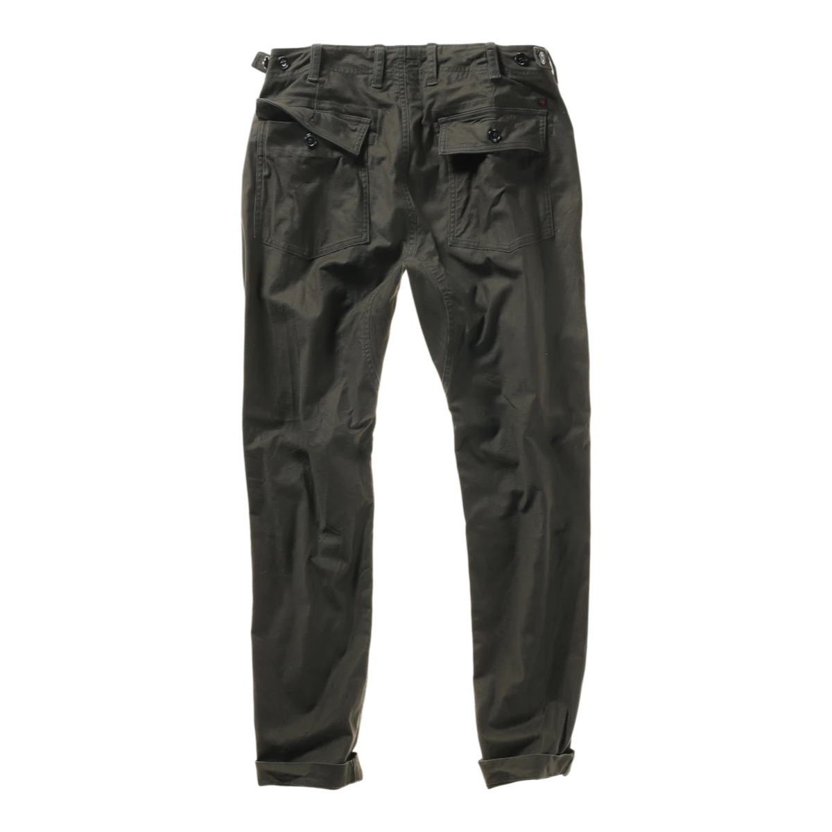 Back view of MILWORKS Relwen Supply Pant in dark smoke grey with buttoned flap pockets and utility detailing.