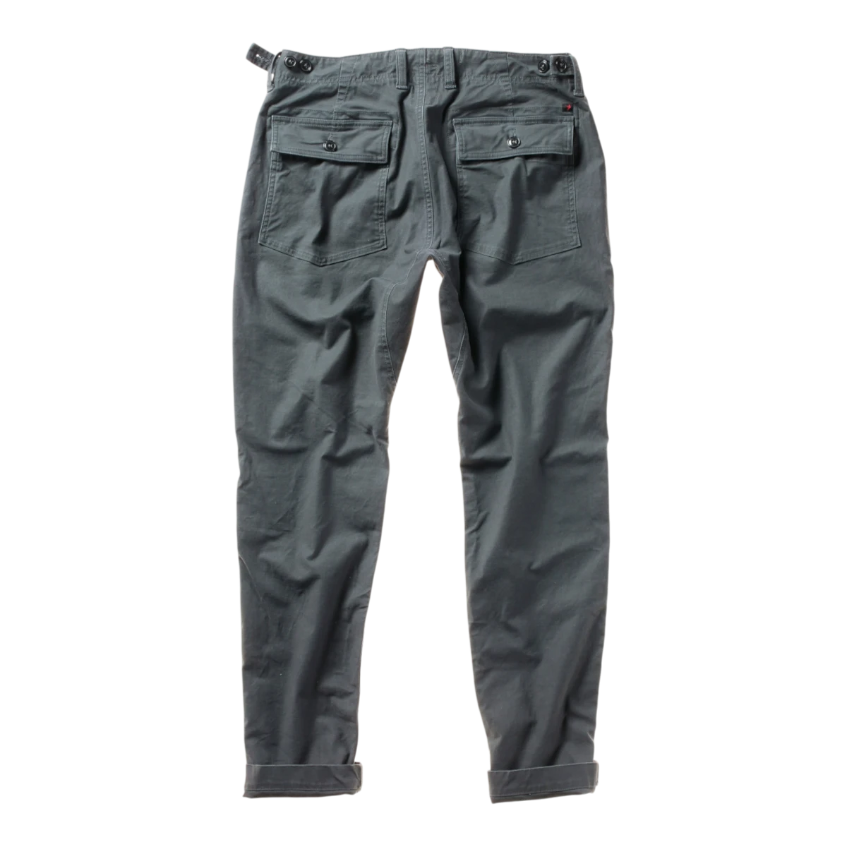 Back view of MILWORKS Relwen Supply Pant in steel grey featuring buttoned flap pockets and a tailored fit.