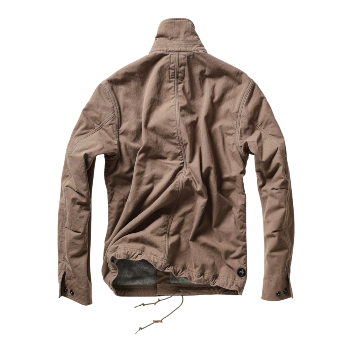 Back view of MILWORKS Relwen pile lined chore coat in tobacco brown with a high collar and adjustable hem drawcord