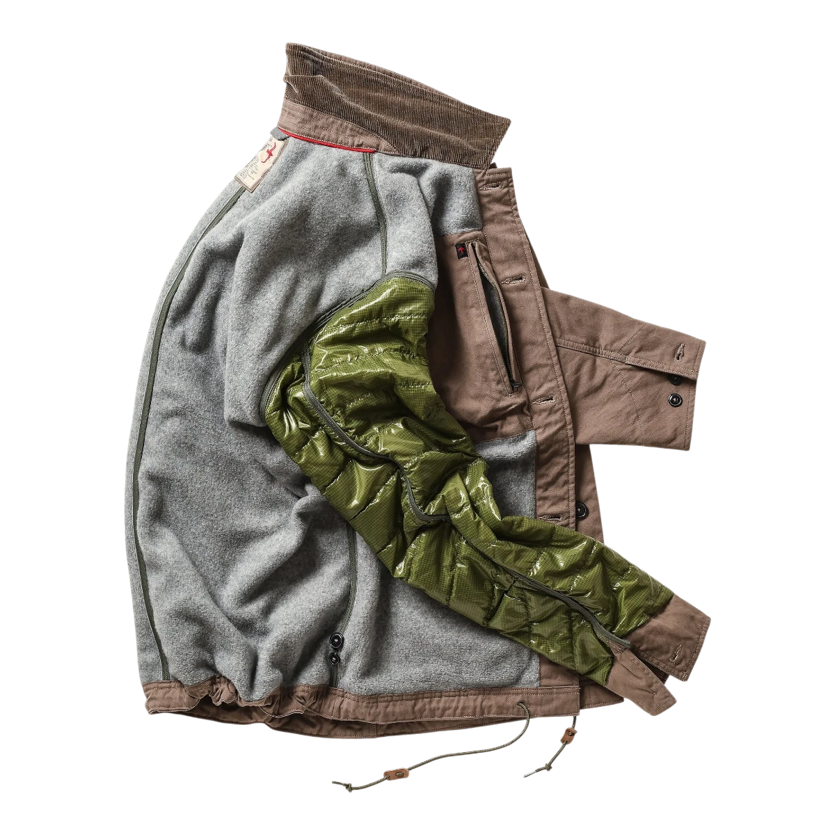 MILWORKS Relwen pile lined chore coat in tobacco brown with grey fleece lining and olive green quilted sleeve detail