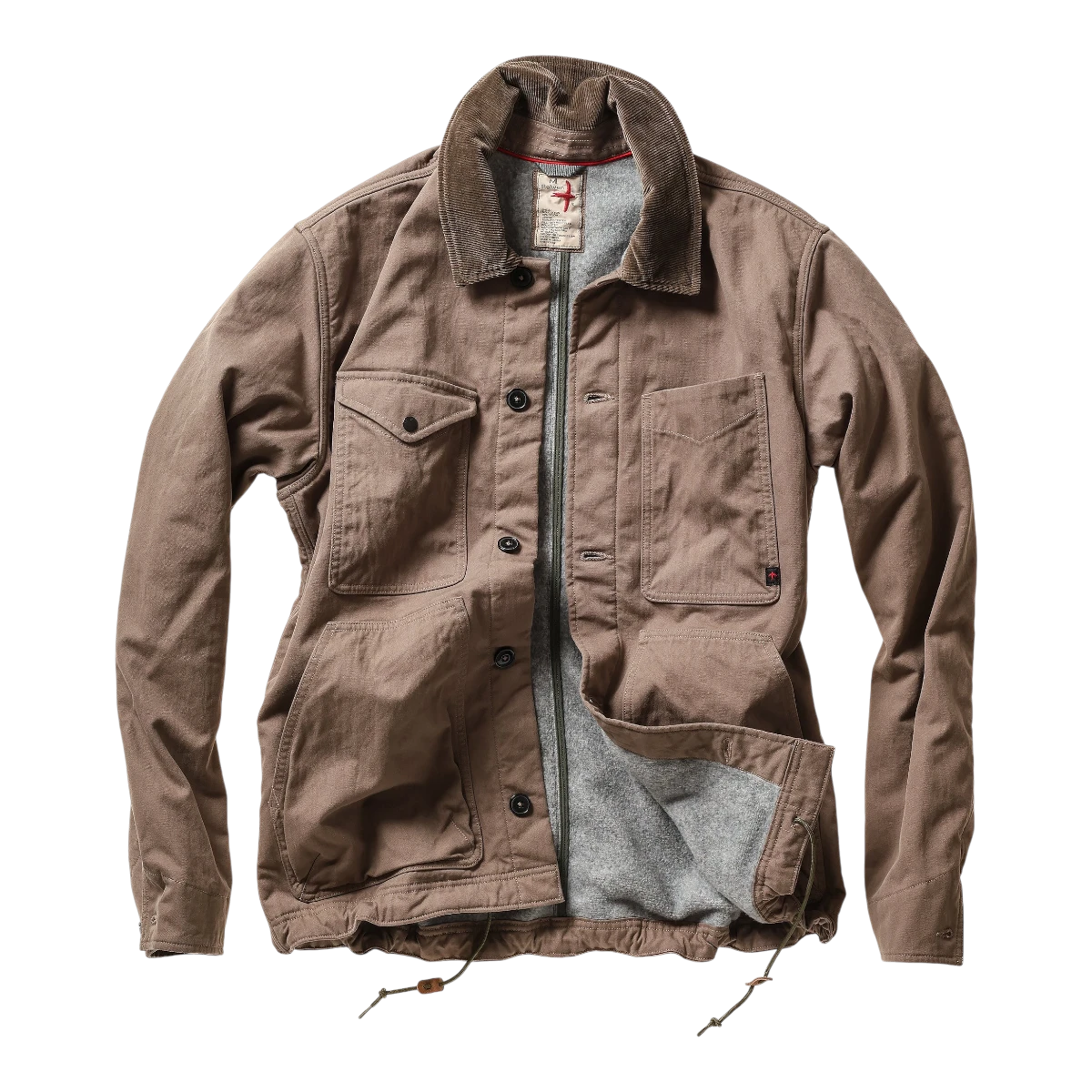 MILWORKS Relwen tobacco brown chore coat with a corduroy collar and warm grey pile lining