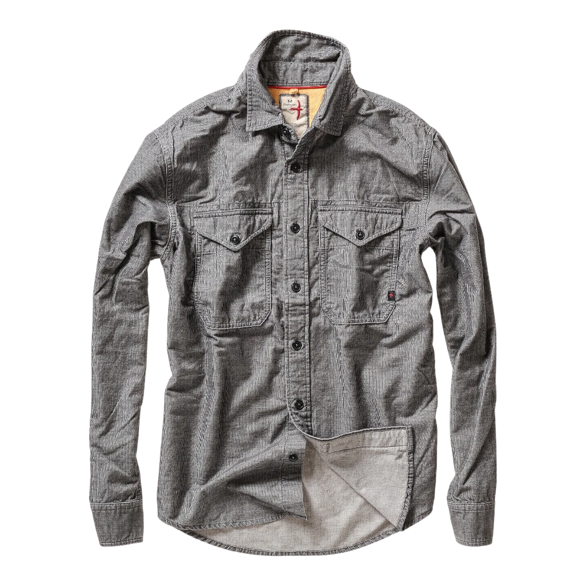 MILWORKS Relwen Utility Workshirt in steel grey microwale fabric with dual chest pockets and button-down collar.