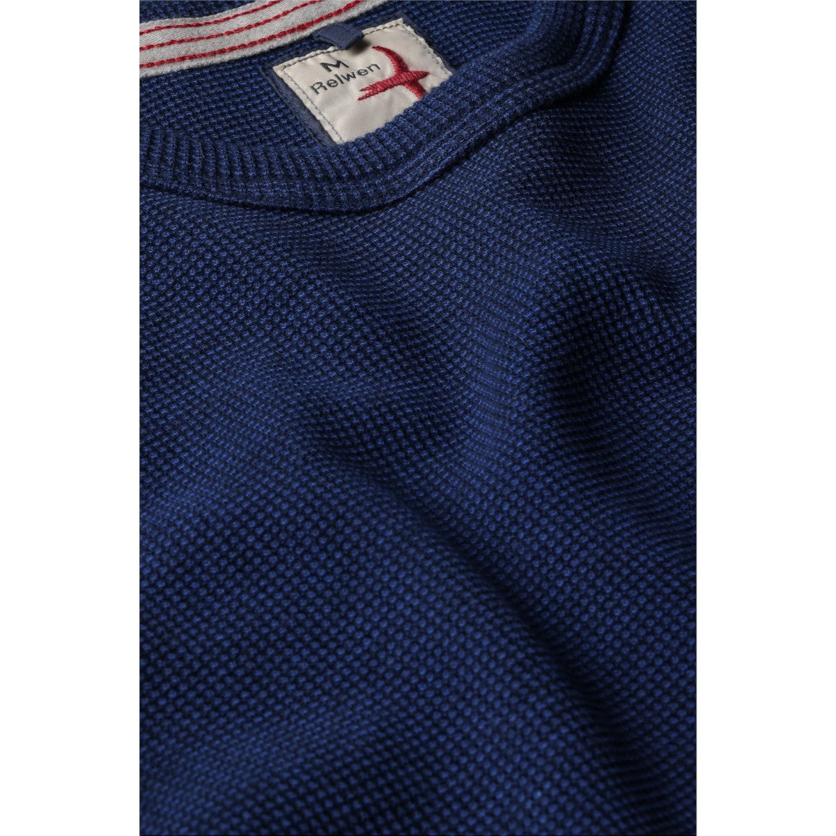MILWORKS Relwen Bi Waffle Crew sweater in dark marine blue featuring a textured waffle knit and striped neck detail.