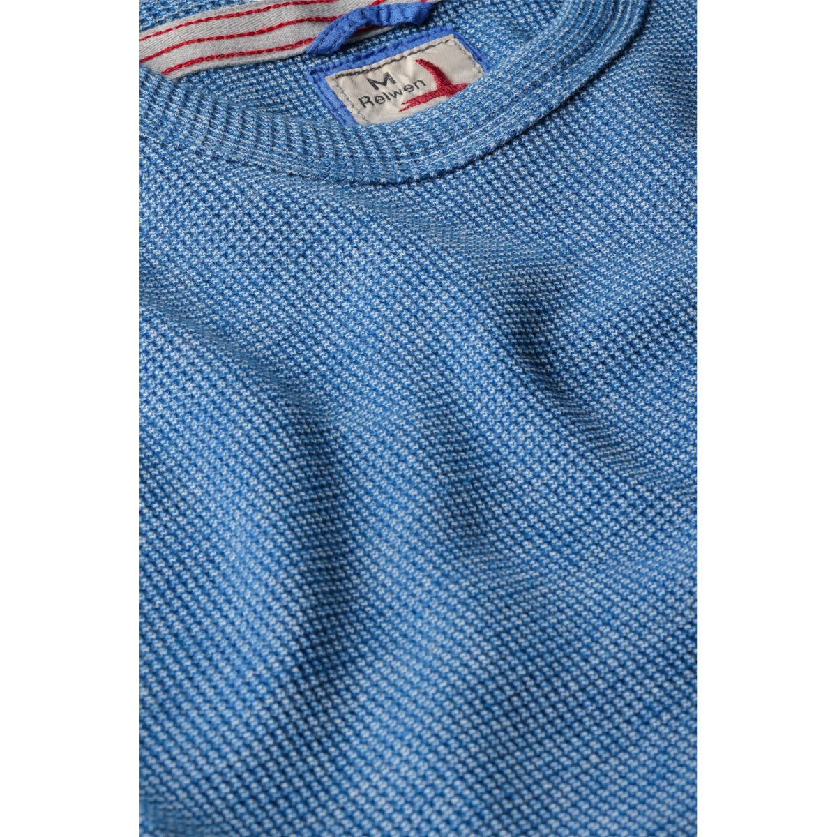MILWORKS Relwen Bi Waffle crew neck sweater in French blue with textured waffle knit fabric and interior neck label