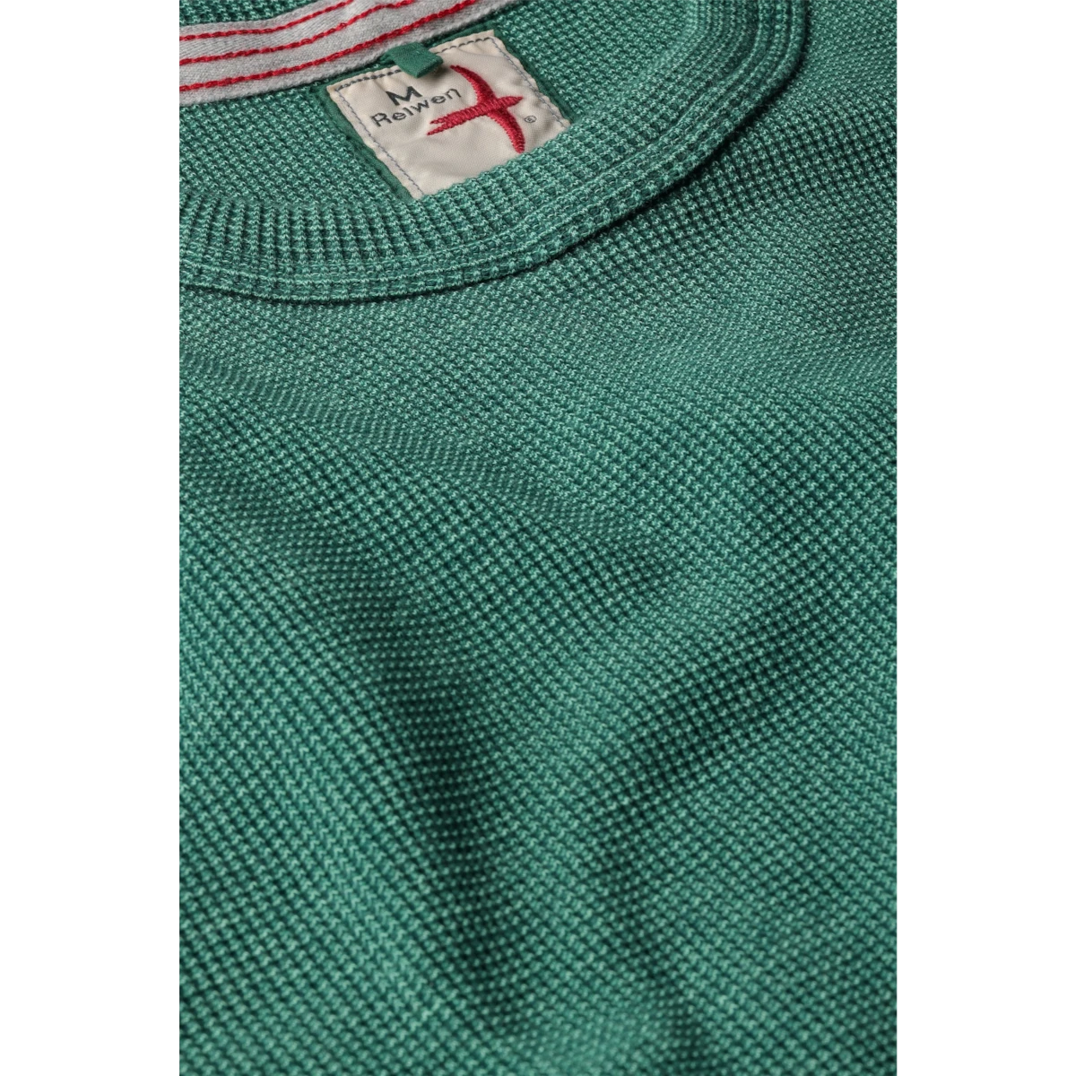 MILWORKS Relwen Bi Waffle crew neck sweater in bottle green with textured waffle knit fabric and striped neck trim