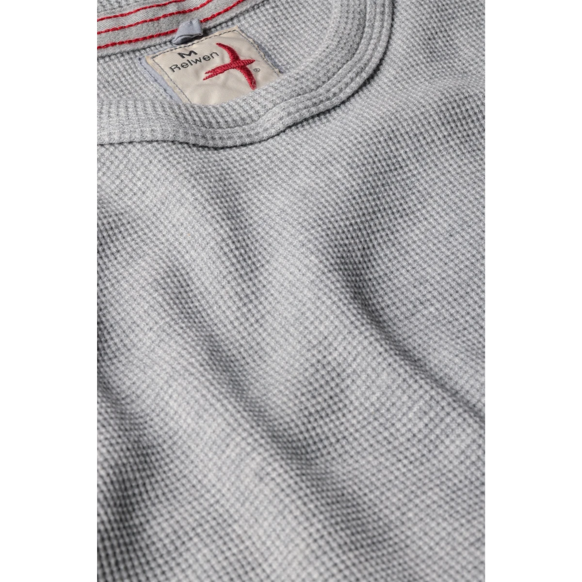 MILWORKS Relwen Bi Waffle Crew sweater in pale grey featuring a textured waffle knit fabric and red logo detail