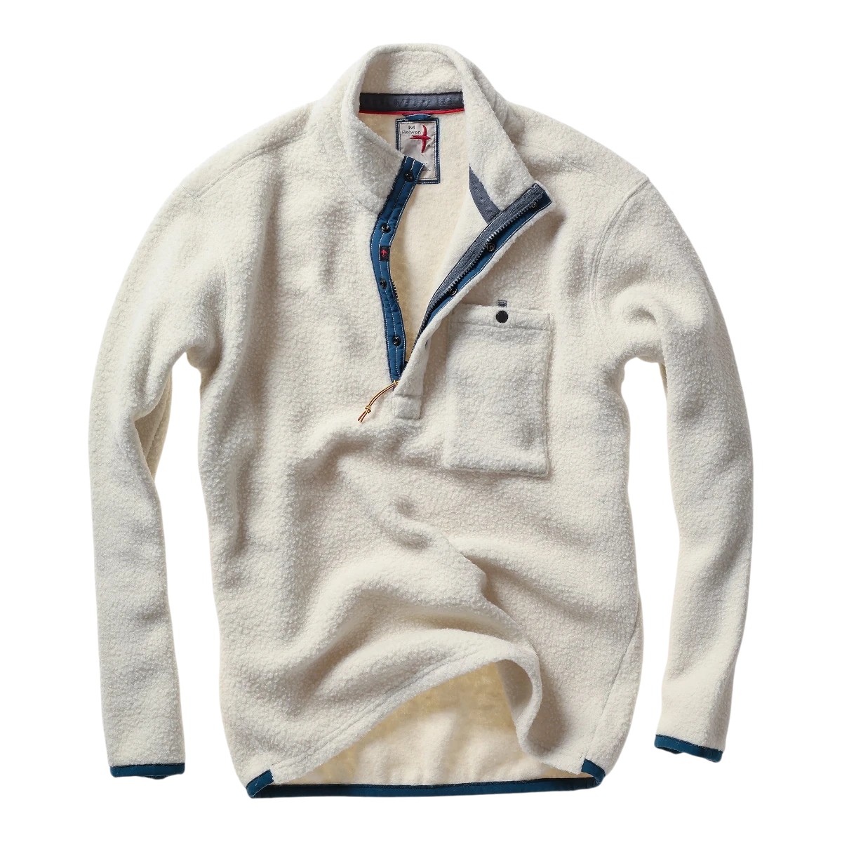 MILWORKS Relwen white wooly shag fleece pullover with a quarter-zip snap placket and chest pocket