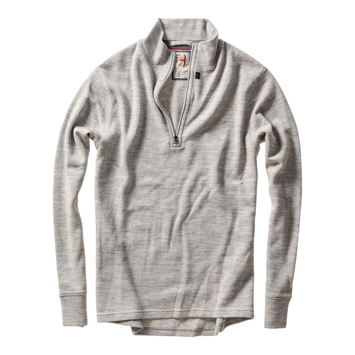 MILWORKS Relwen light grey wool and cotton blend quarter zip sweater with a ribbed collar and long sleeves.