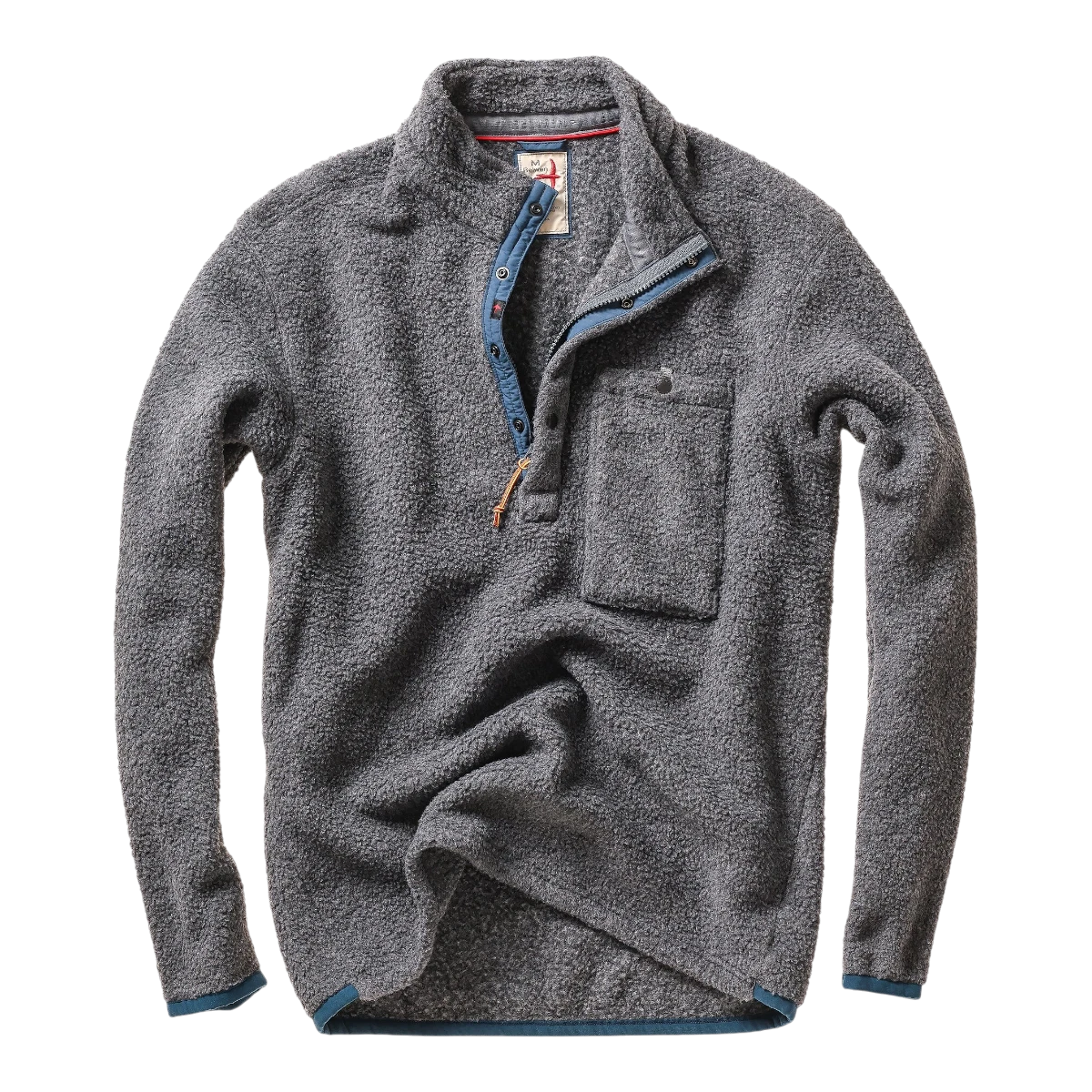 MILWORKS Relwen Wooly Shag snap-up fleece pullover in light charcoal with a chest pocket and blue trim details.