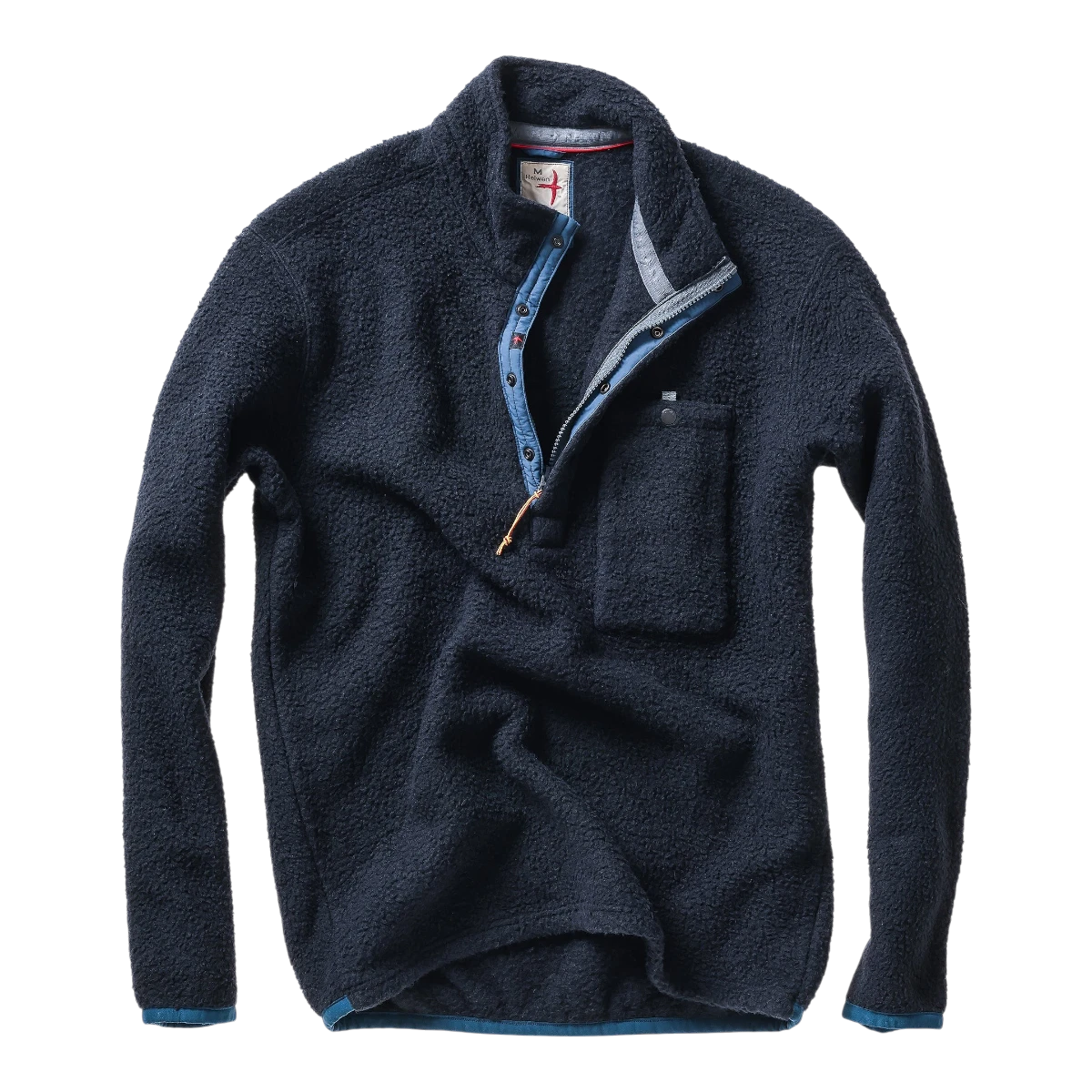 MILWORKS Relwen Wooly Shag midnight blue fleece pullover with a snap-button placket and chest pocket