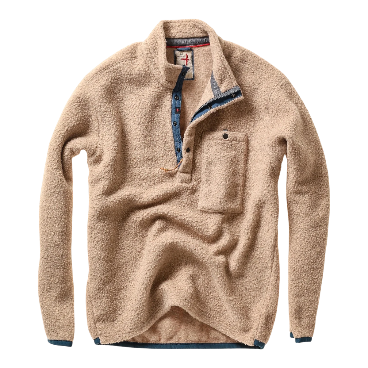 MILWORKS Relwen Wooly Shag snap-up fleece pullover in dark biscuit tan with a chest pocket and blue trim details.