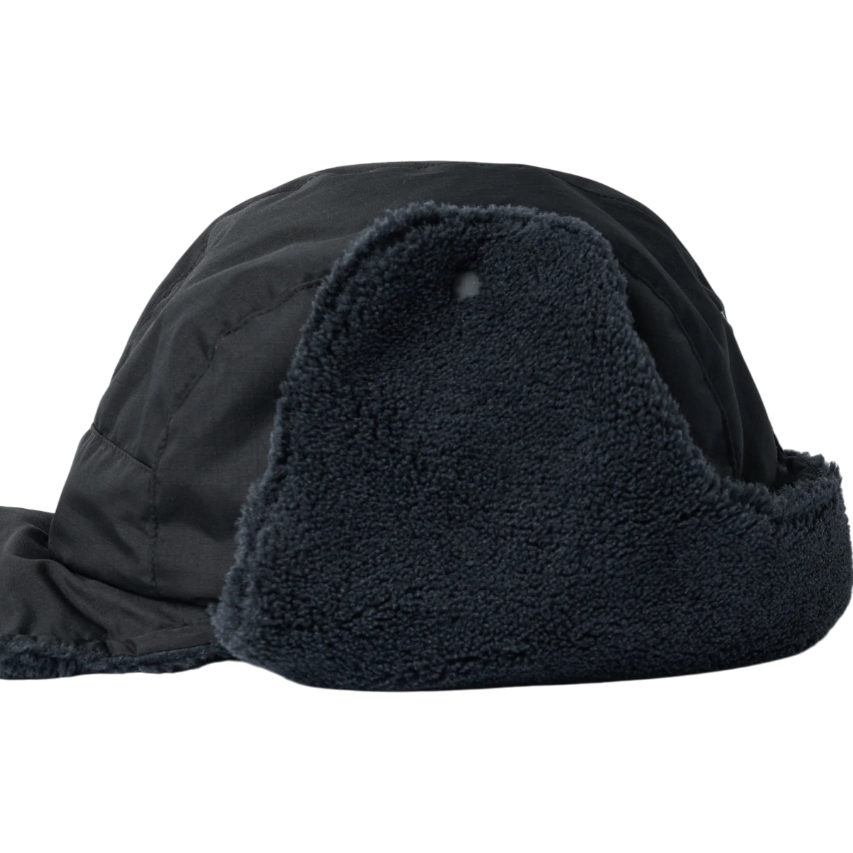 MILWORKS reversible down hat in black with navy fleece lining, fold-down ear flaps, and a protective peak.