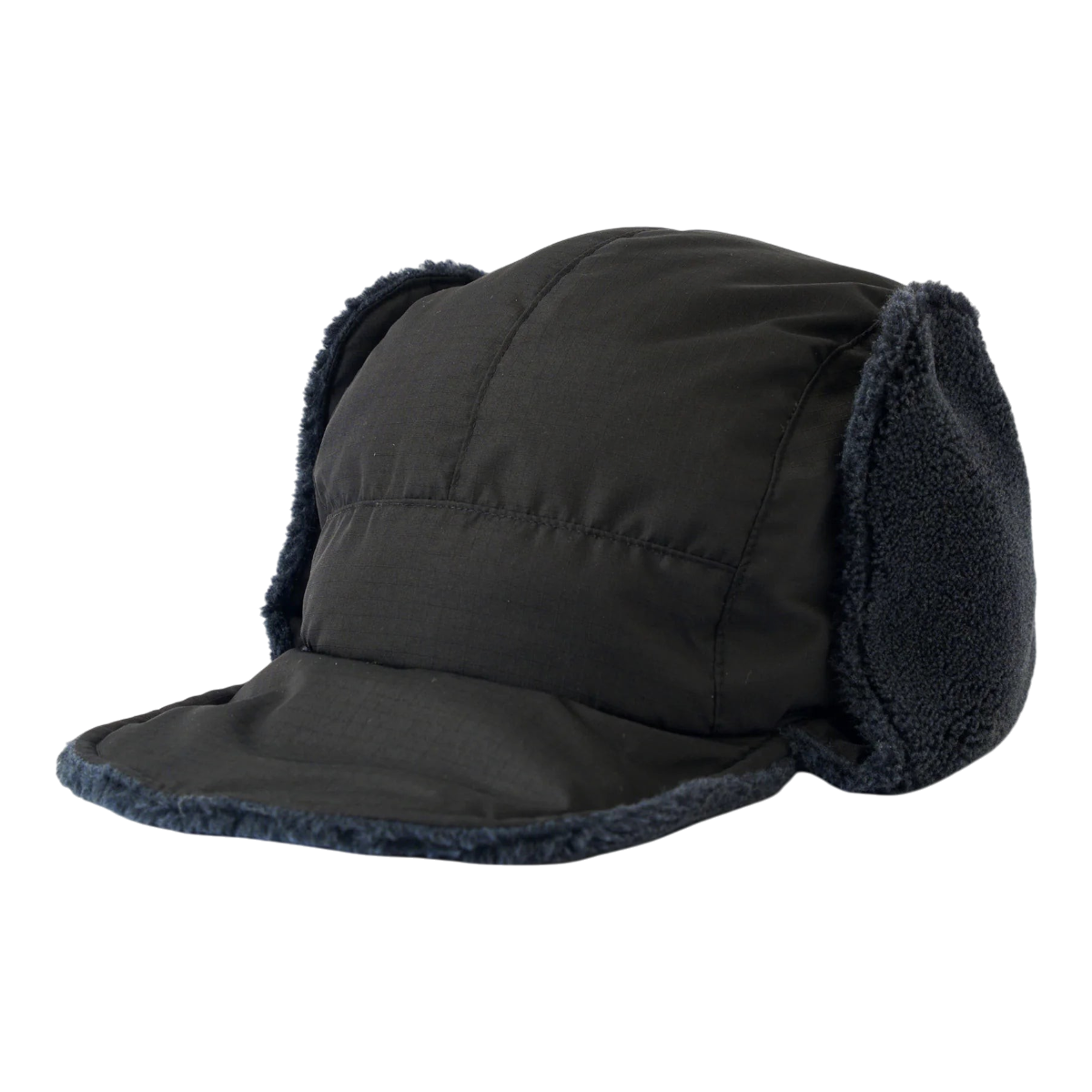 MILWORKS x Taion reversible black down hat with quilted exterior, fleece lining, and fold-down ear flaps.