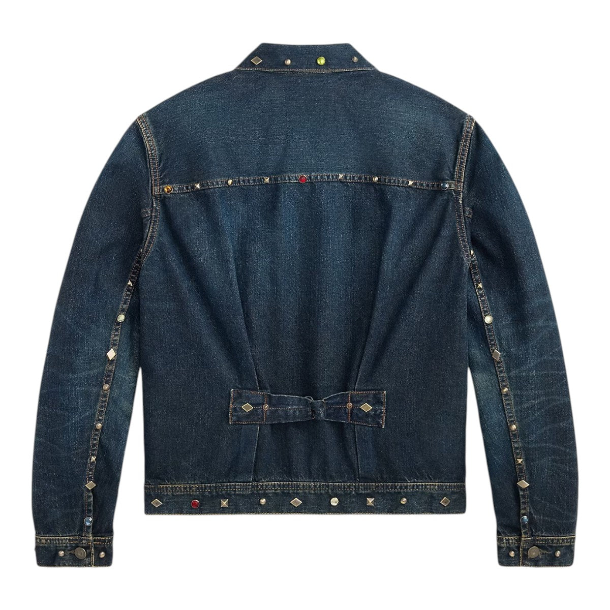 Back view of MILWORKS Ridgewood studded indigo denim trucker jacket with adjustable buckled back and metal rivets.
