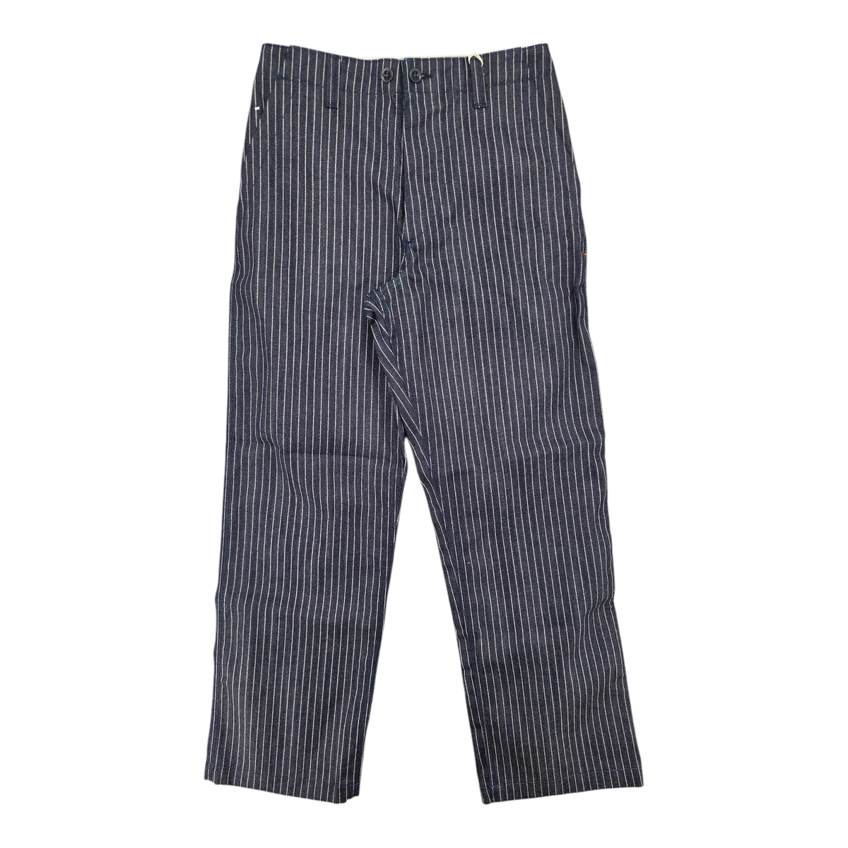 MILWORKS rigid indigo carpenter pants featuring a classic white pinstripe pattern, high rise, and wide leg fit.