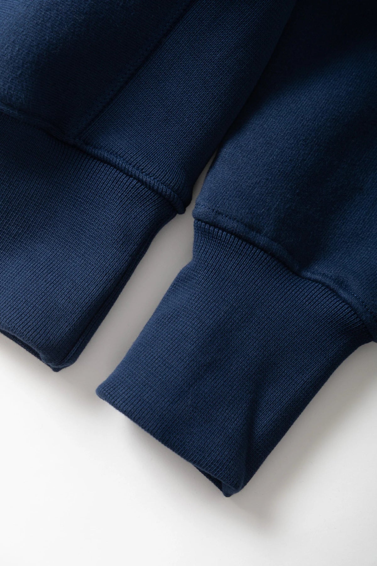 MILWORKS royal blue heavyweight organic cotton brushed fleece rugby shirt showing close-up of elastic ribbed cuffs
