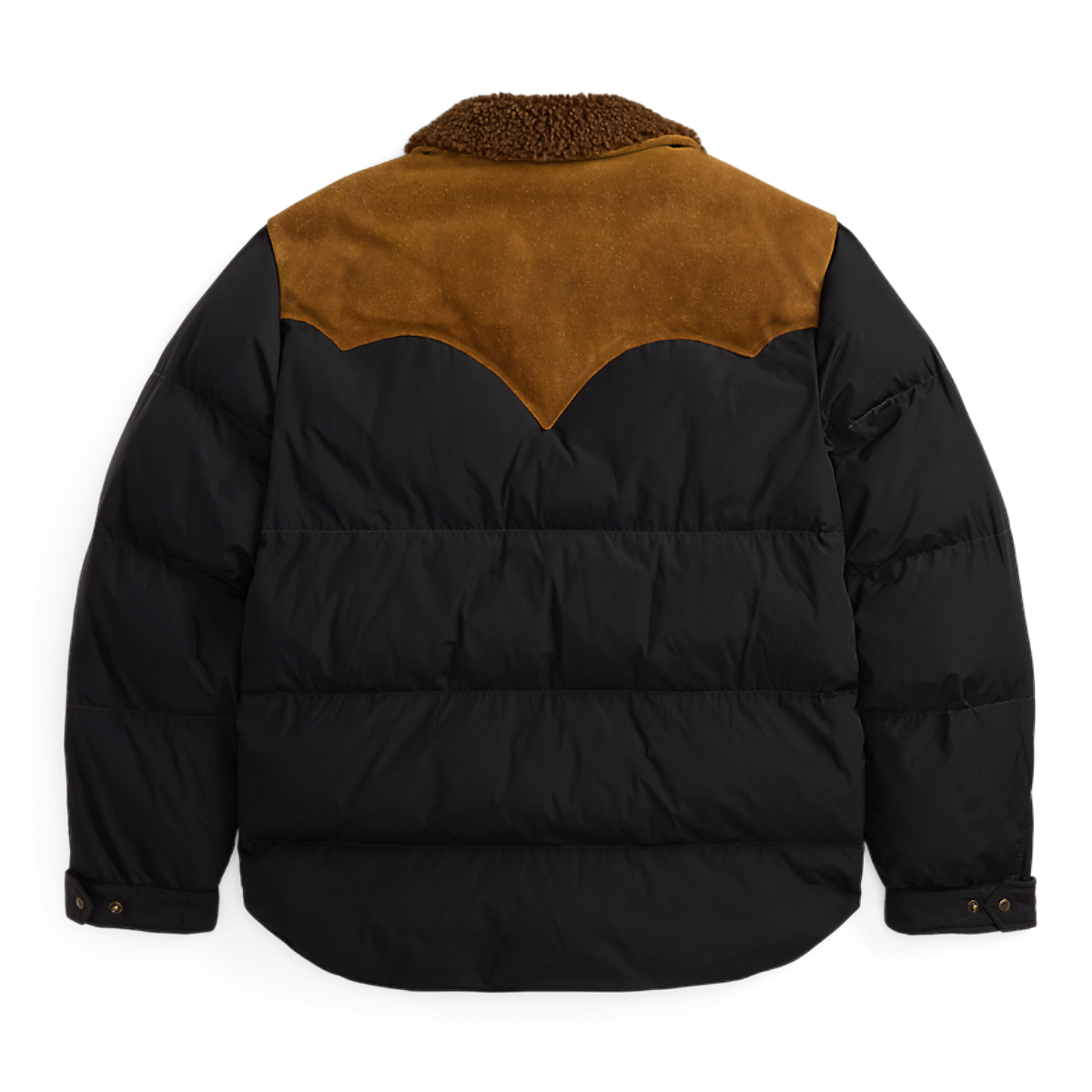 Back view of a MILWORKS black nylon puffer coat with a brown cowhide leather yoke and shearling collar