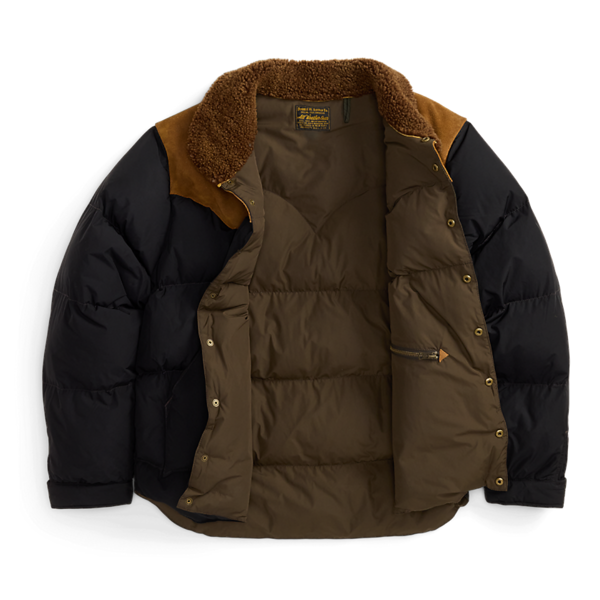 MILWORKS RRL black nylon puffer coat with brown cowhide leather shoulder panels and a warm shearling collar.