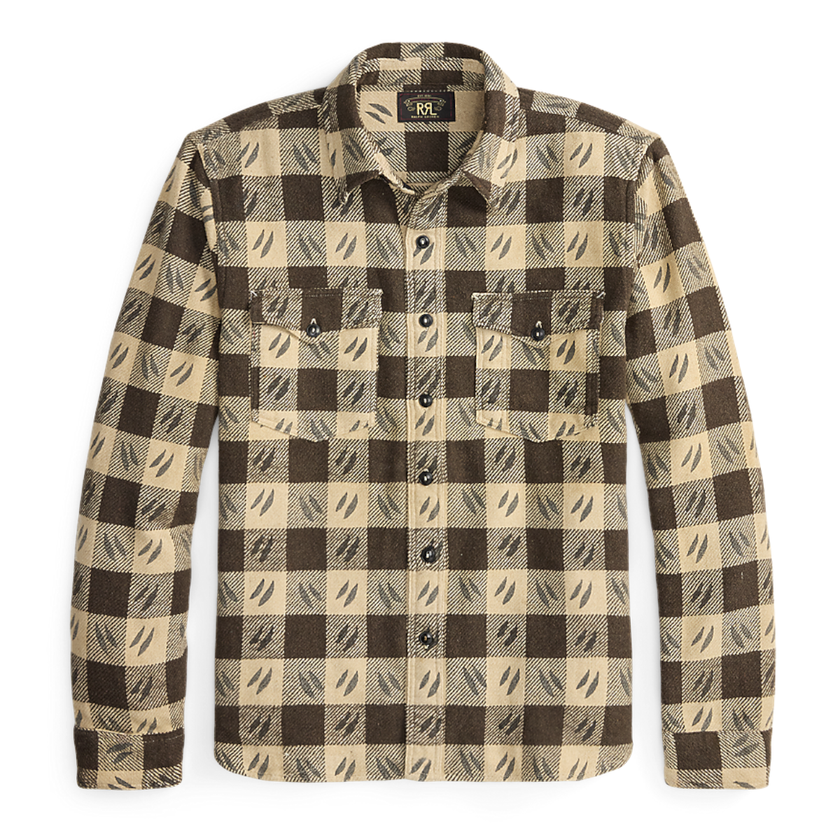 MILWORKS RRL wool long sleeve sports shirt in a brown and cream checkered pattern with button-flap chest pockets.