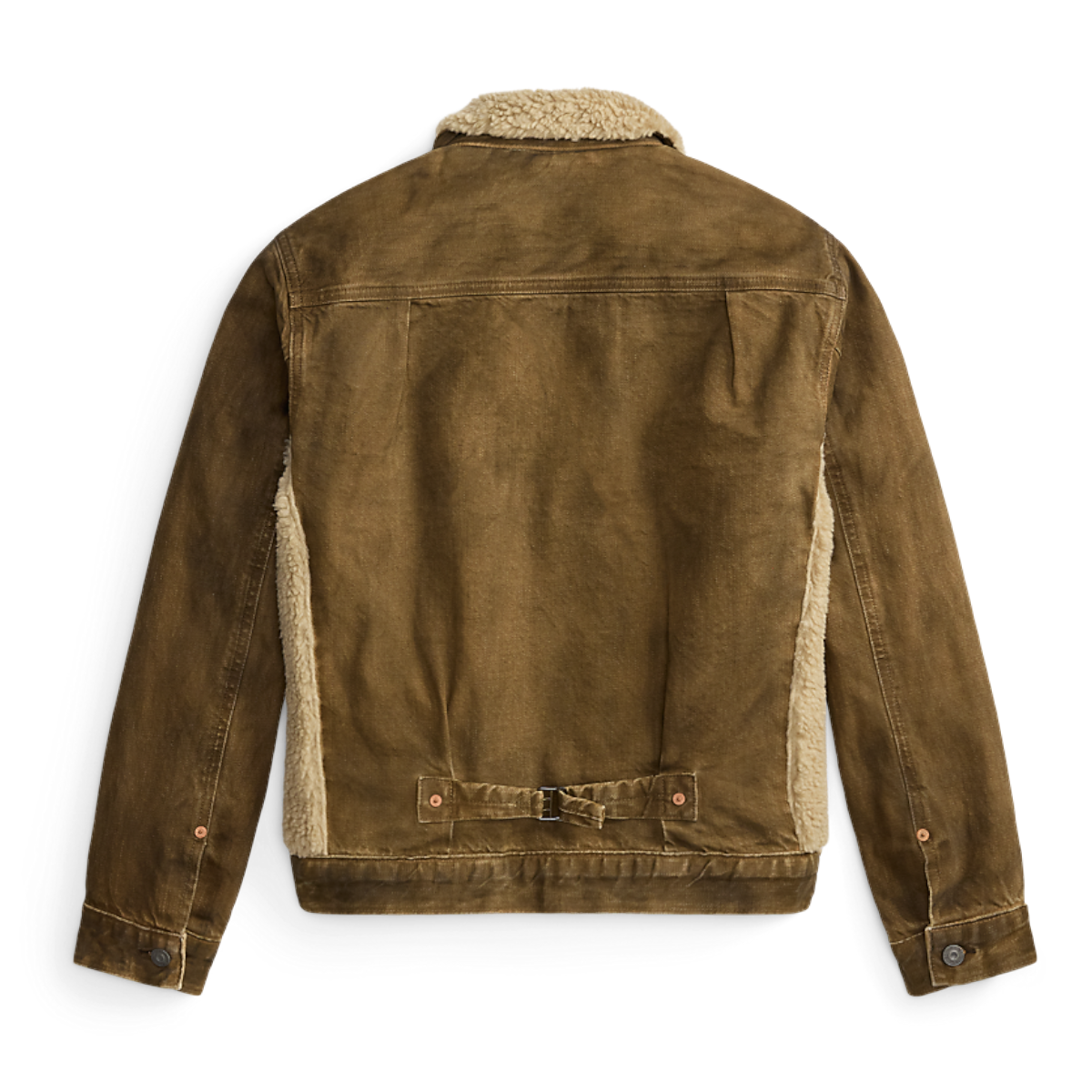 Back view of MILWORKS RRL denim shearling jacket in vintage brown with side panels and adjustable waist buckle