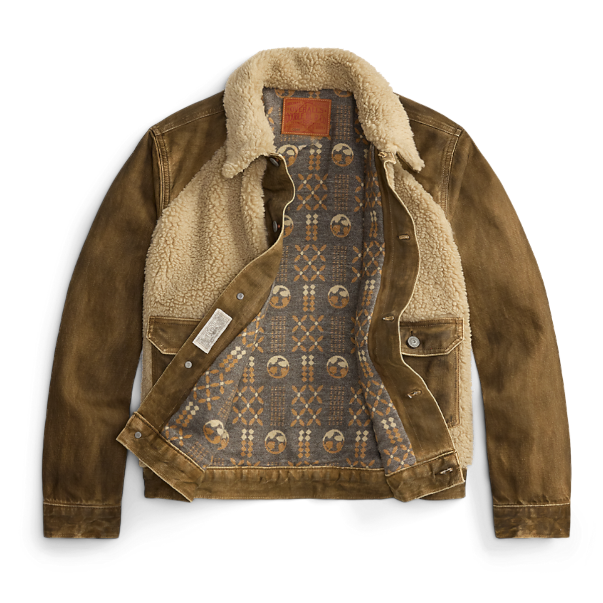 MILWORKS RRL vintage brown denim jacket with cream shearling collar and patterned interior lining