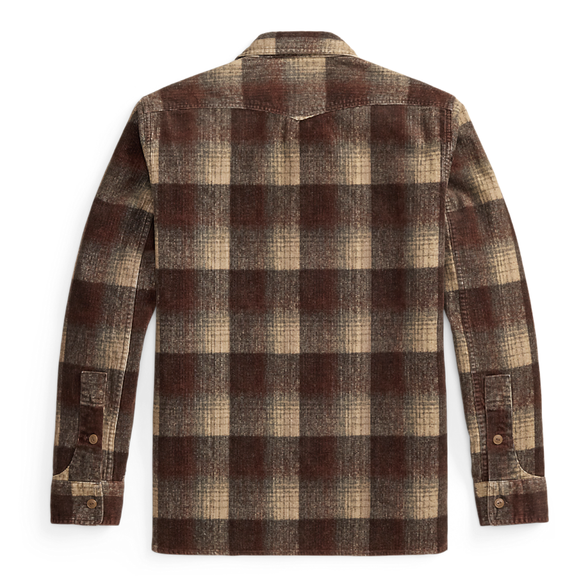 Back view of a MILWORKS RRL long sleeve sport shirt in a brown and grey plaid corduroy fabric.