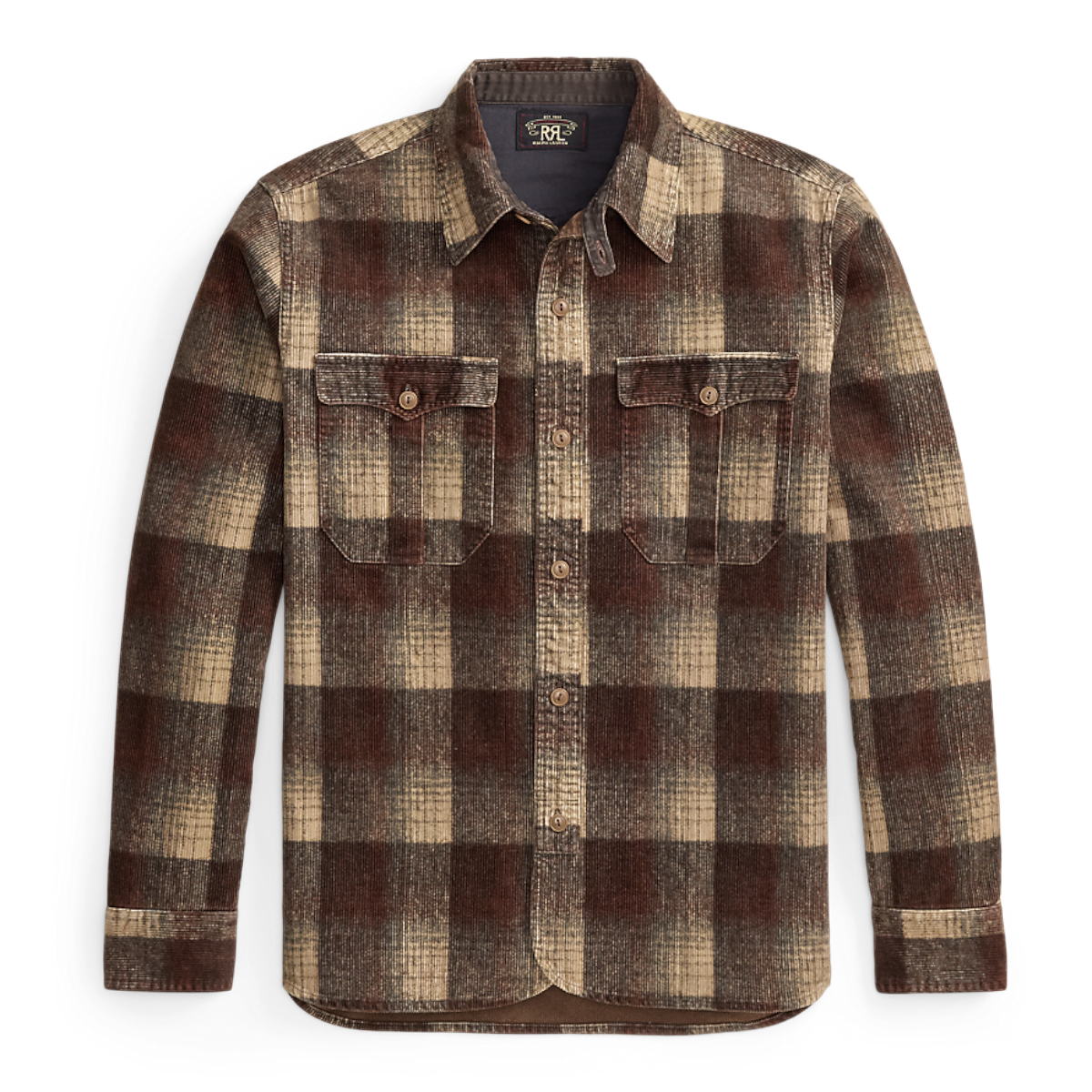 MILWORKS RRL long sleeve sport shirt in brown and grey plaid corduroy with two chest pockets and button-down front