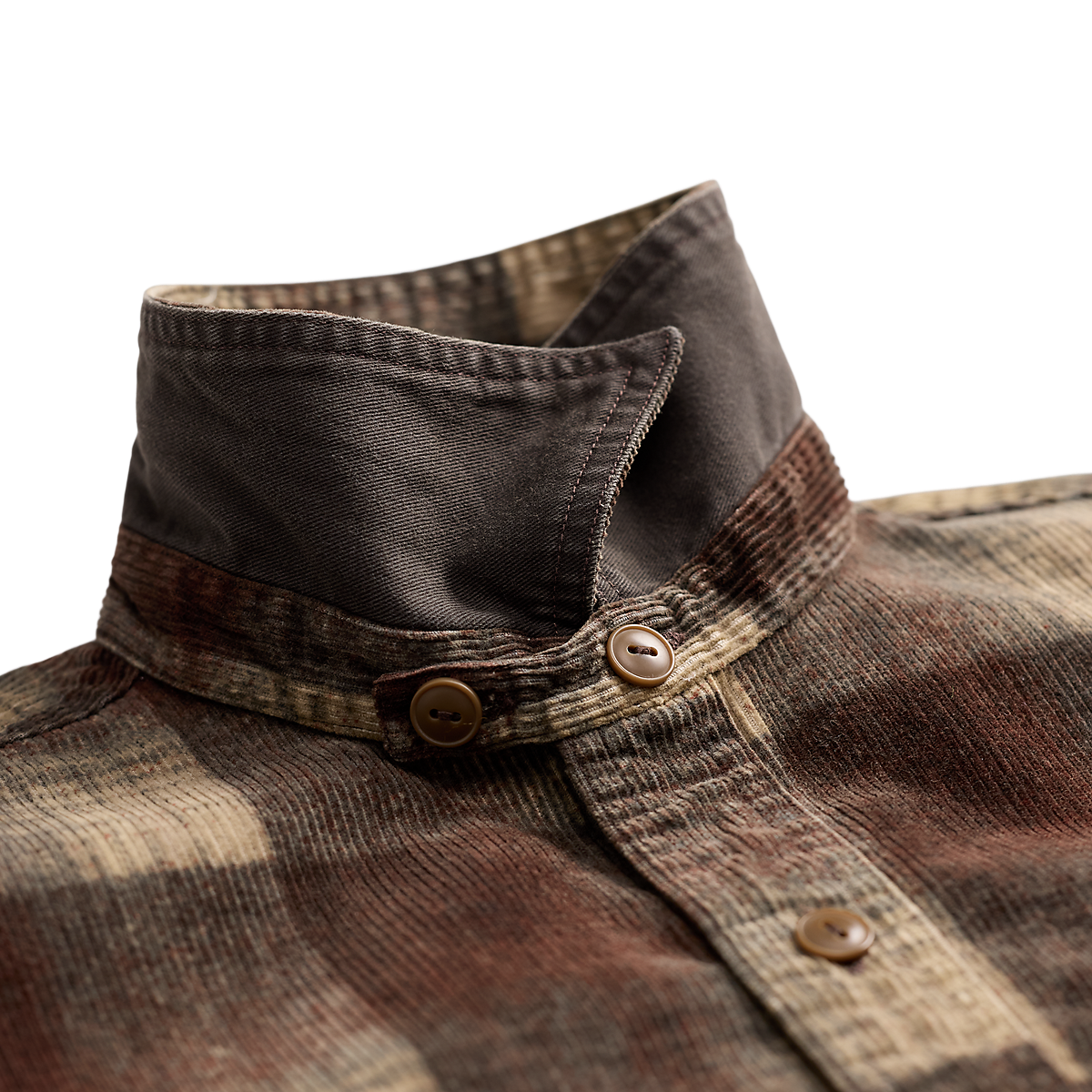 MILWORKS RRL long sleeve sport shirt in brown and grey corduroy with a contrast collar and button-down detail